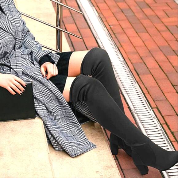 EXPRESS Over the Knee Boots Sz 8 BLOCK 3" Heels BLACK Vegan Faux Suede Tall NWOT - Picture 5 of 16